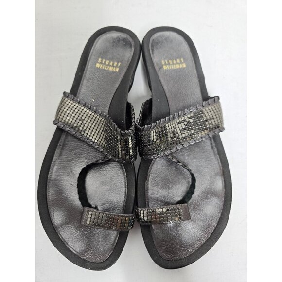 Stuart Weitzman Gunmetal Black Leather Crystal Sandals - Picture 2 of 9